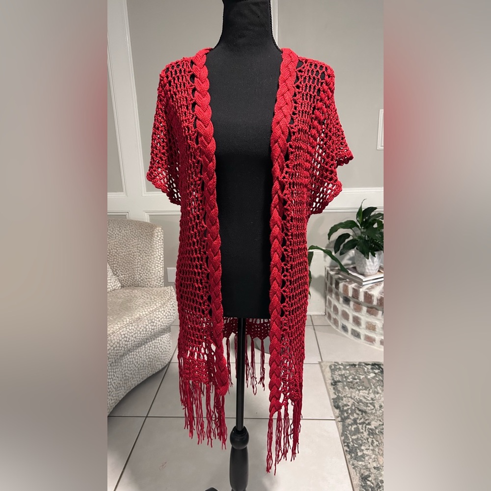 Umgee Boho Red Crochet Fringe Cardigan